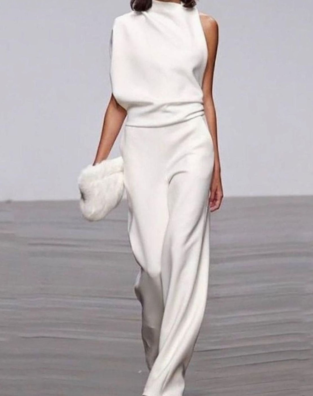 Women's High-Neck Asymmetric Shoulder Jumpsuit Wide-Leg Sleeveless - White