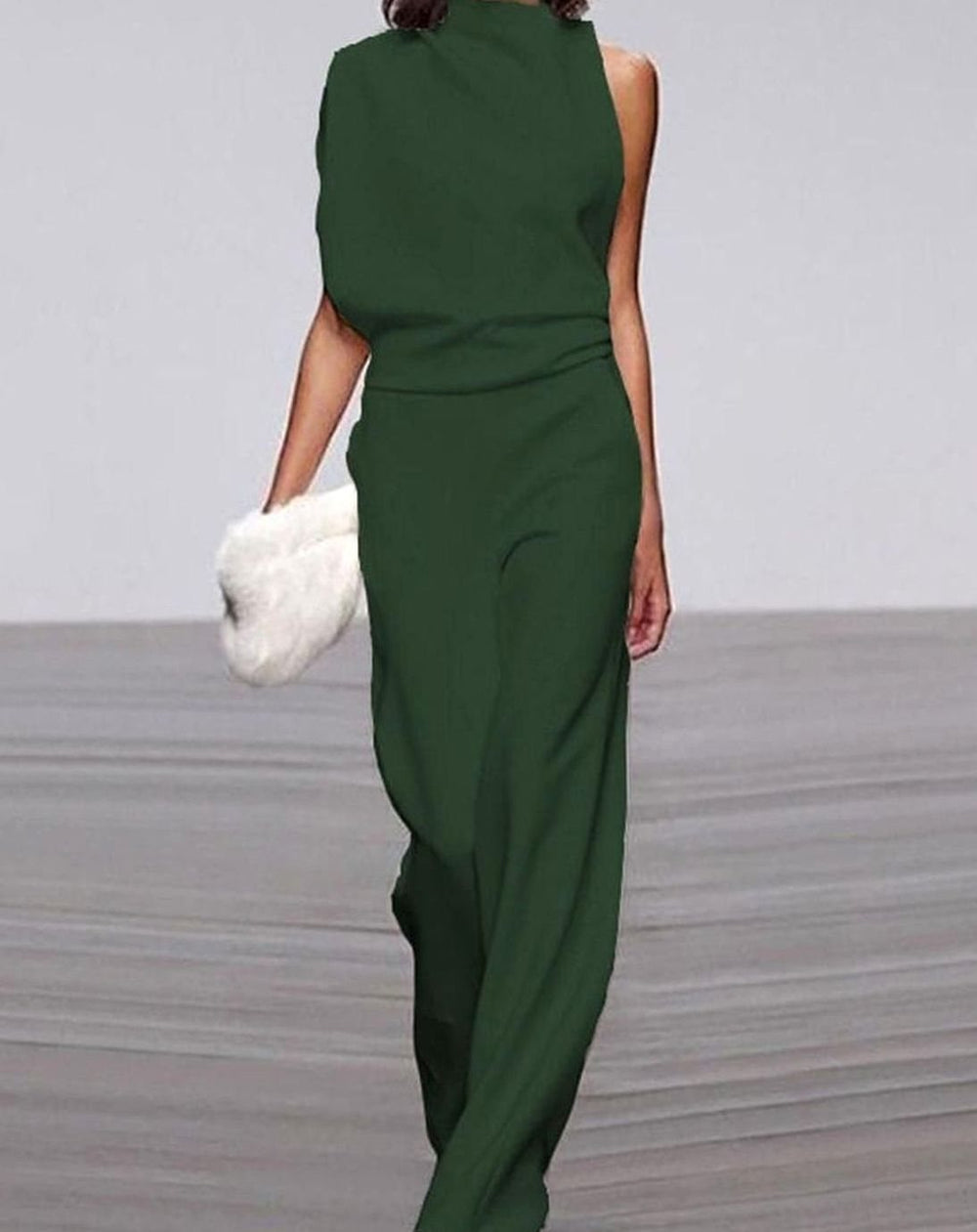 Women's High-Neck Asymmetric Shoulder Jumpsuit Wide-Leg Sleeveless - Green