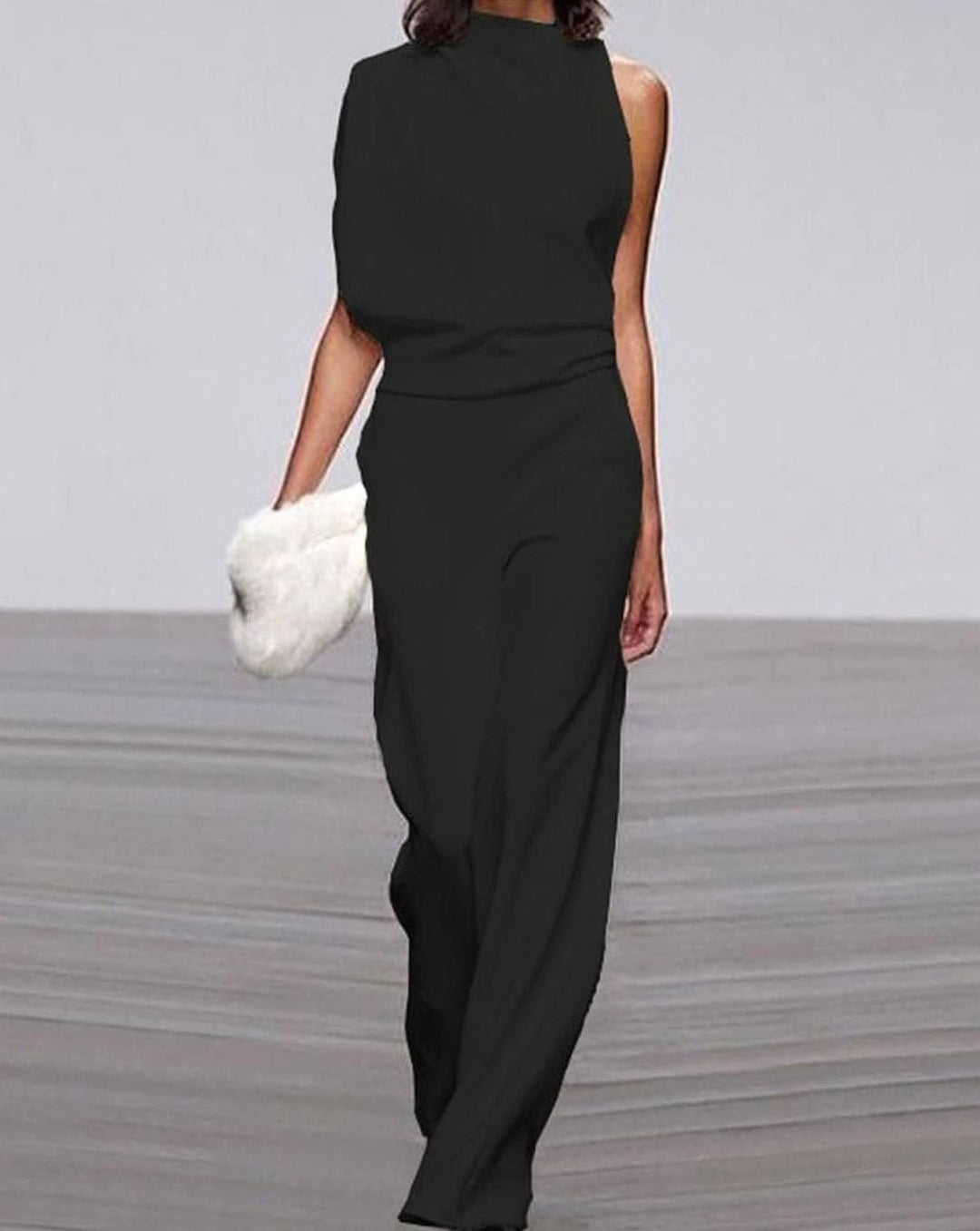 Women's High-Neck Asymmetric Shoulder Jumpsuit Wide-Leg Sleeveless - Black