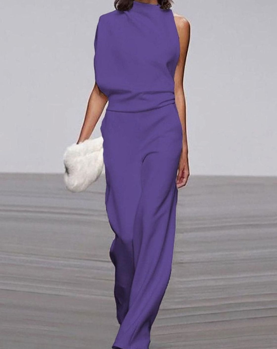 Women's High-Neck Asymmetric Shoulder Jumpsuit Wide-Leg Sleeveless - Purple