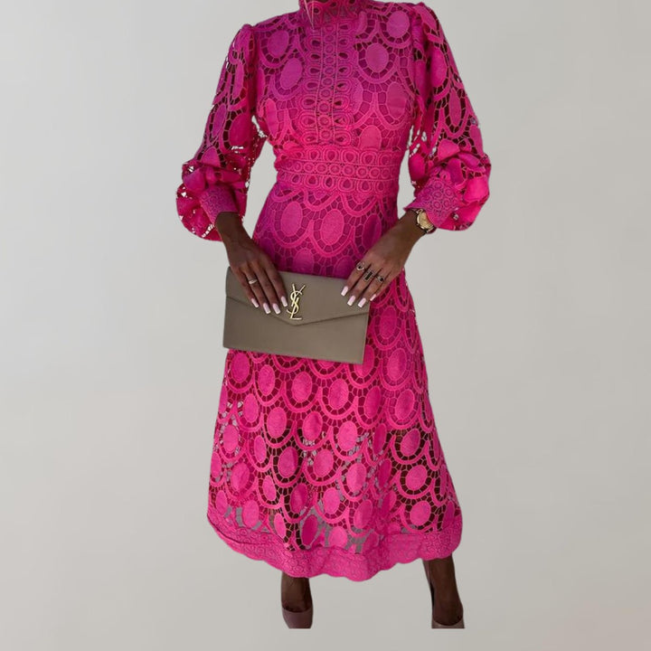 Women's High-Neck Lace Puff-Sleeve Fall Midi Dress