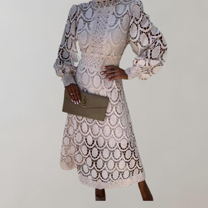 Women's High-Neck Lace Puff-Sleeve Fall Midi Dress