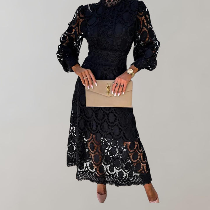 Women's High-Neck Lace Puff-Sleeve Fall Midi Dress