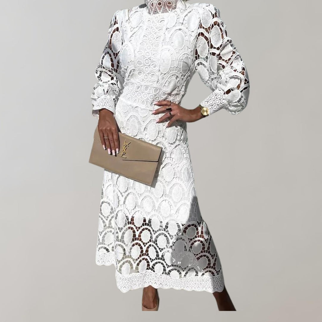 Women's High-Neck Lace Puff-Sleeve Fall Midi Dress