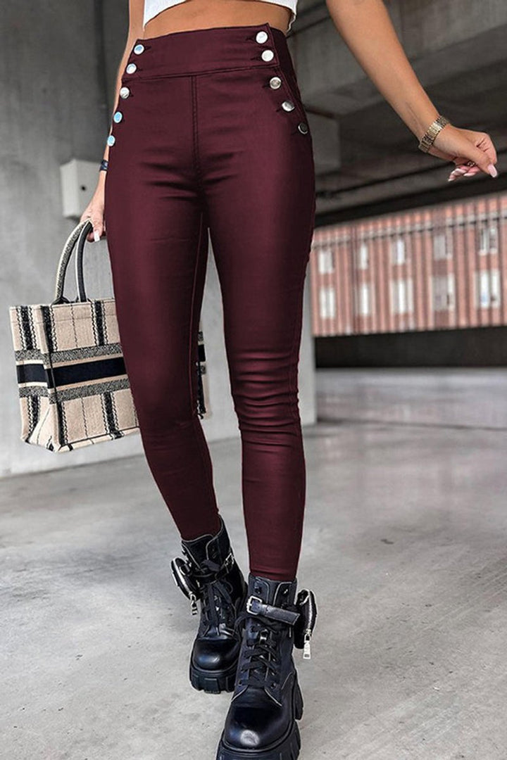 Women's High-Rise Button-Detail Faux Leather Skinny Legging