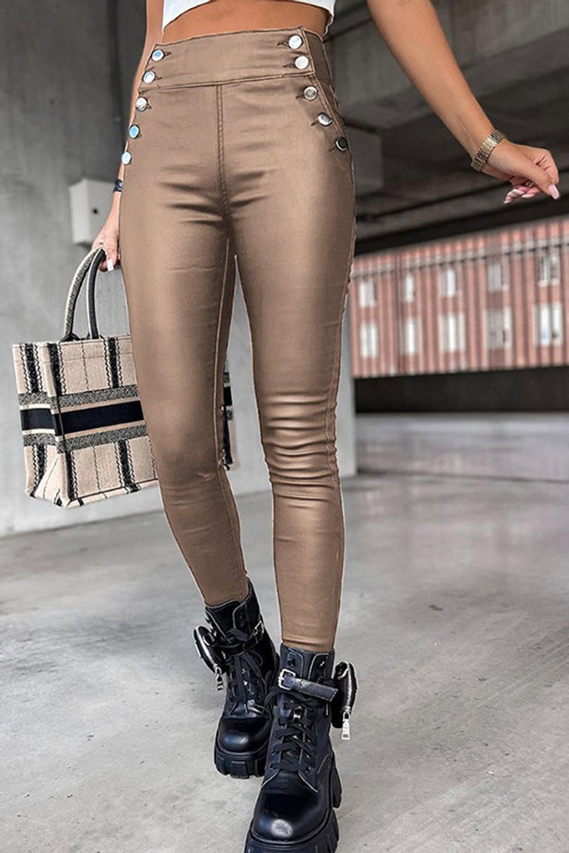 Women's High-Rise Button-Detail Faux Leather Skinny Legging