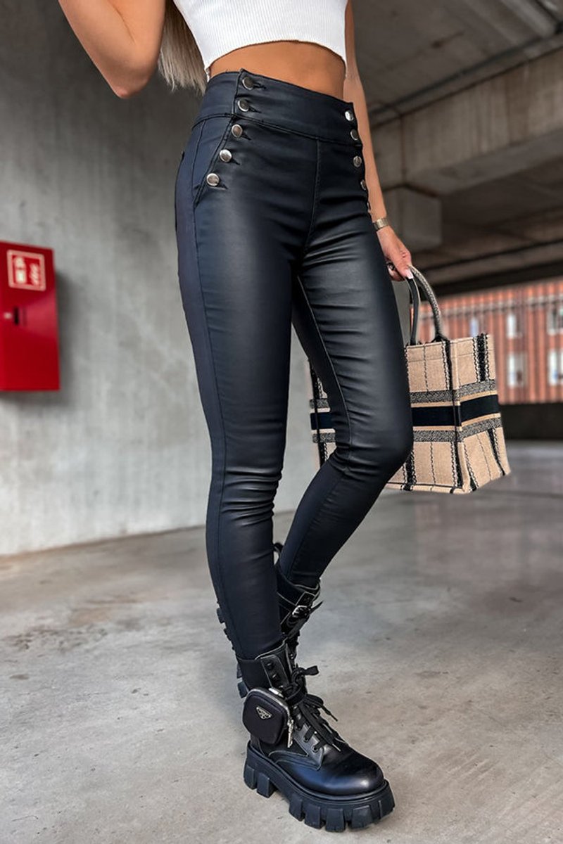 Women's High-Rise Button-Detail Faux Leather Skinny Legging