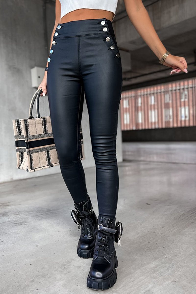 Women's High-Rise Button-Detail Faux Leather Skinny Legging