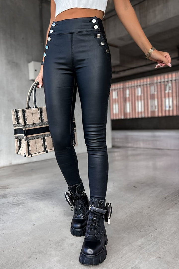 Women's High-Rise Button-Detail Faux Leather Skinny Legging