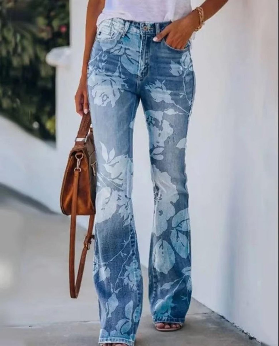 Women's High-Waist Botanical Floral-Print Bell-Bottom Flare Jeans