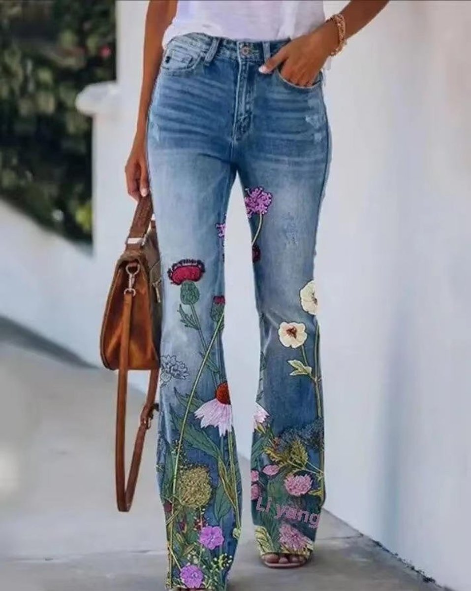 Women's High-Waist Botanical Floral-Print Bell-Bottom Flare Jeans