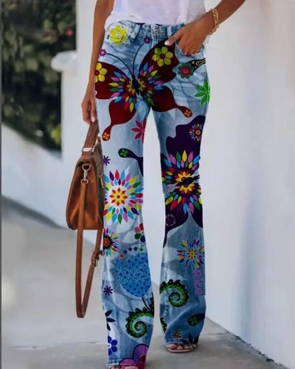 Women's High-Waist Botanical Floral-Print Bell-Bottom Flare Jeans