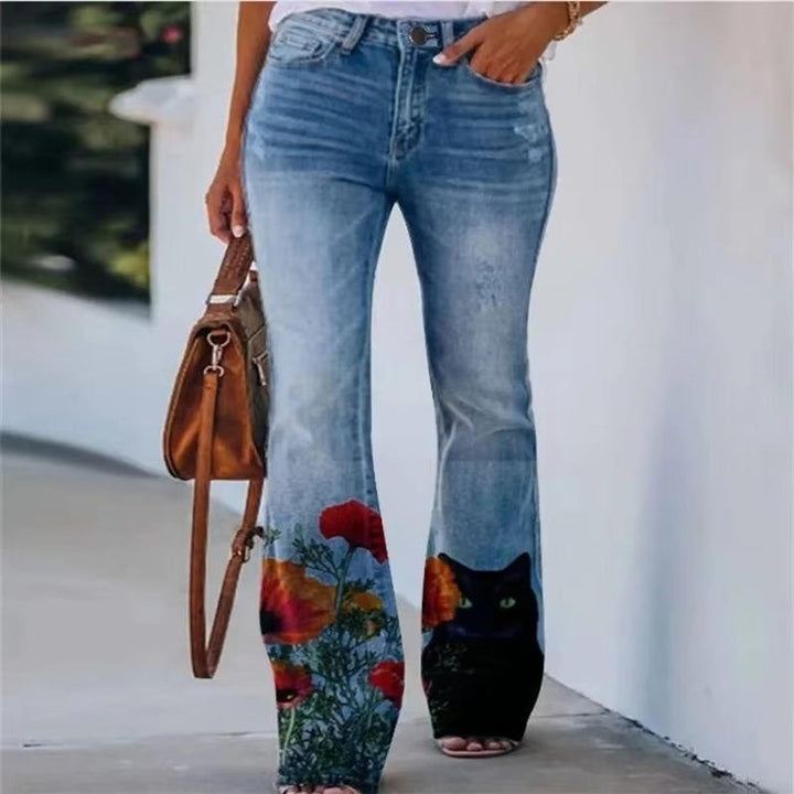 Women's High-Waist Botanical Floral-Print Bell-Bottom Flare Jeans