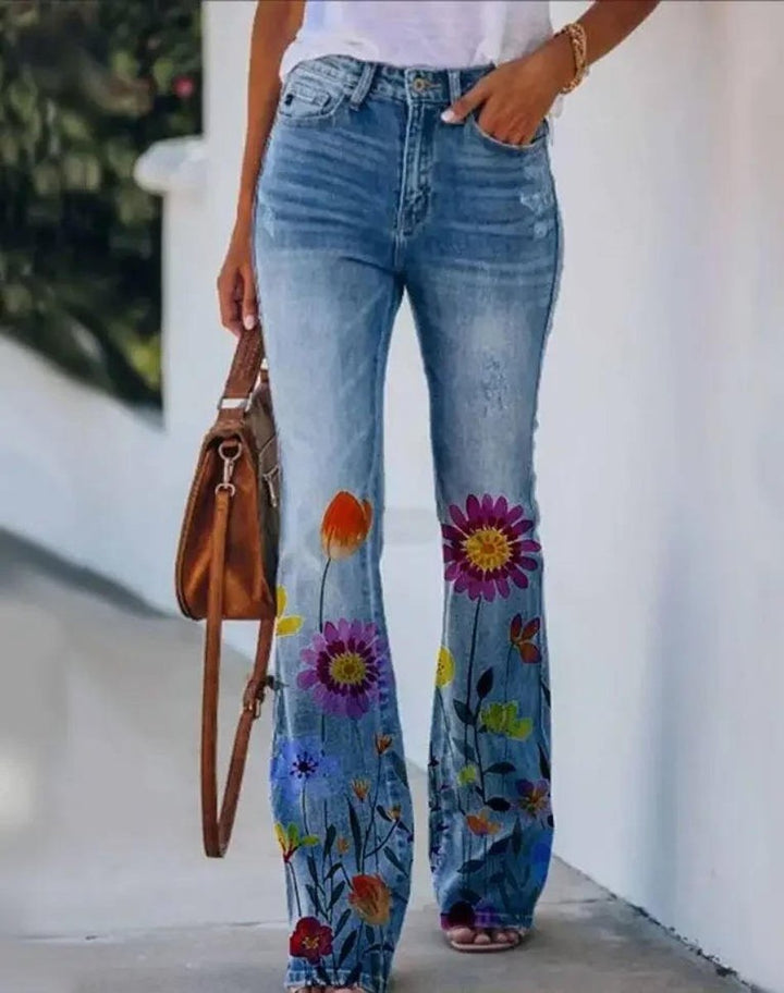 Women's High-Waist Botanical Floral-Print Bell-Bottom Flare Jeans