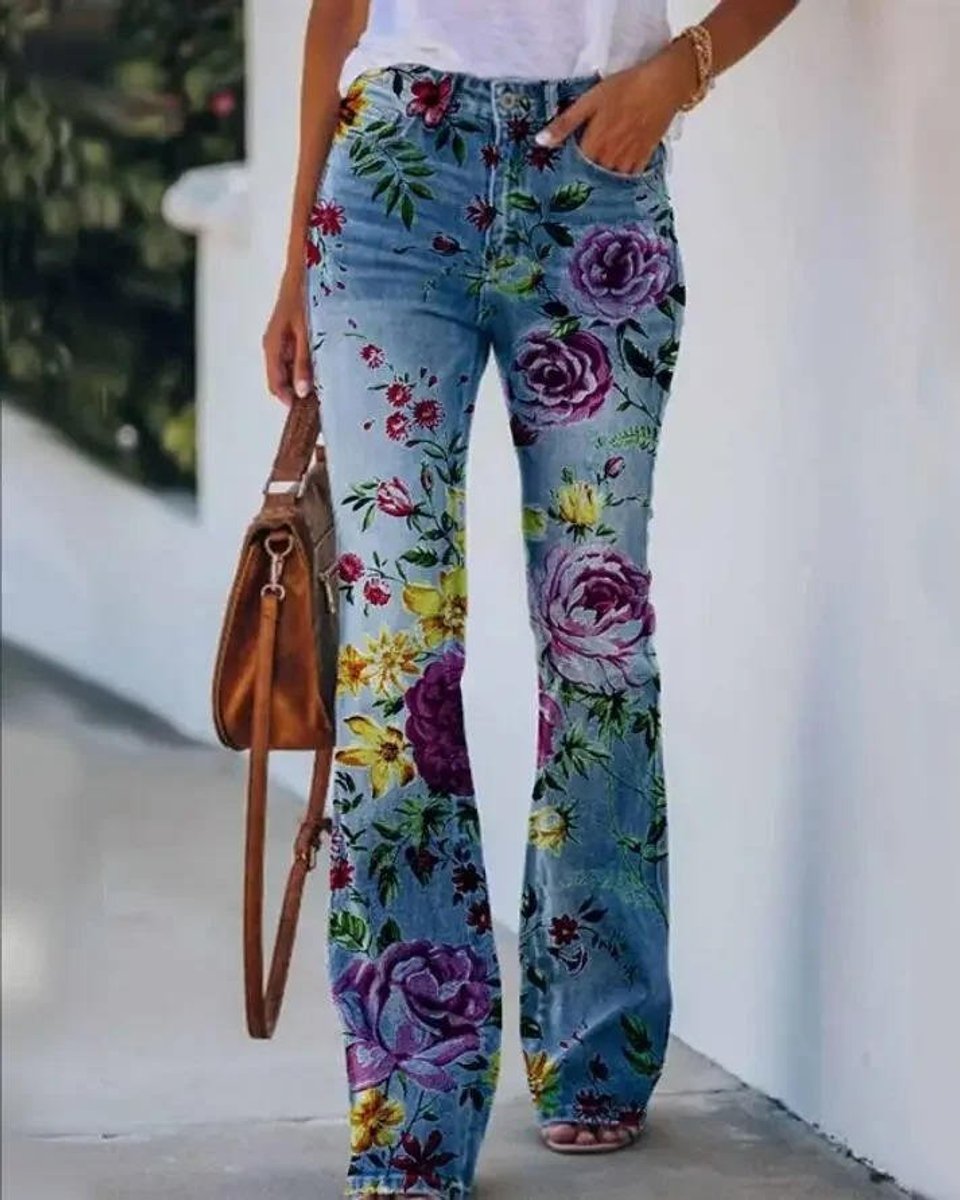 Women's High-Waist Botanical Floral-Print Bell-Bottom Flare Jeans