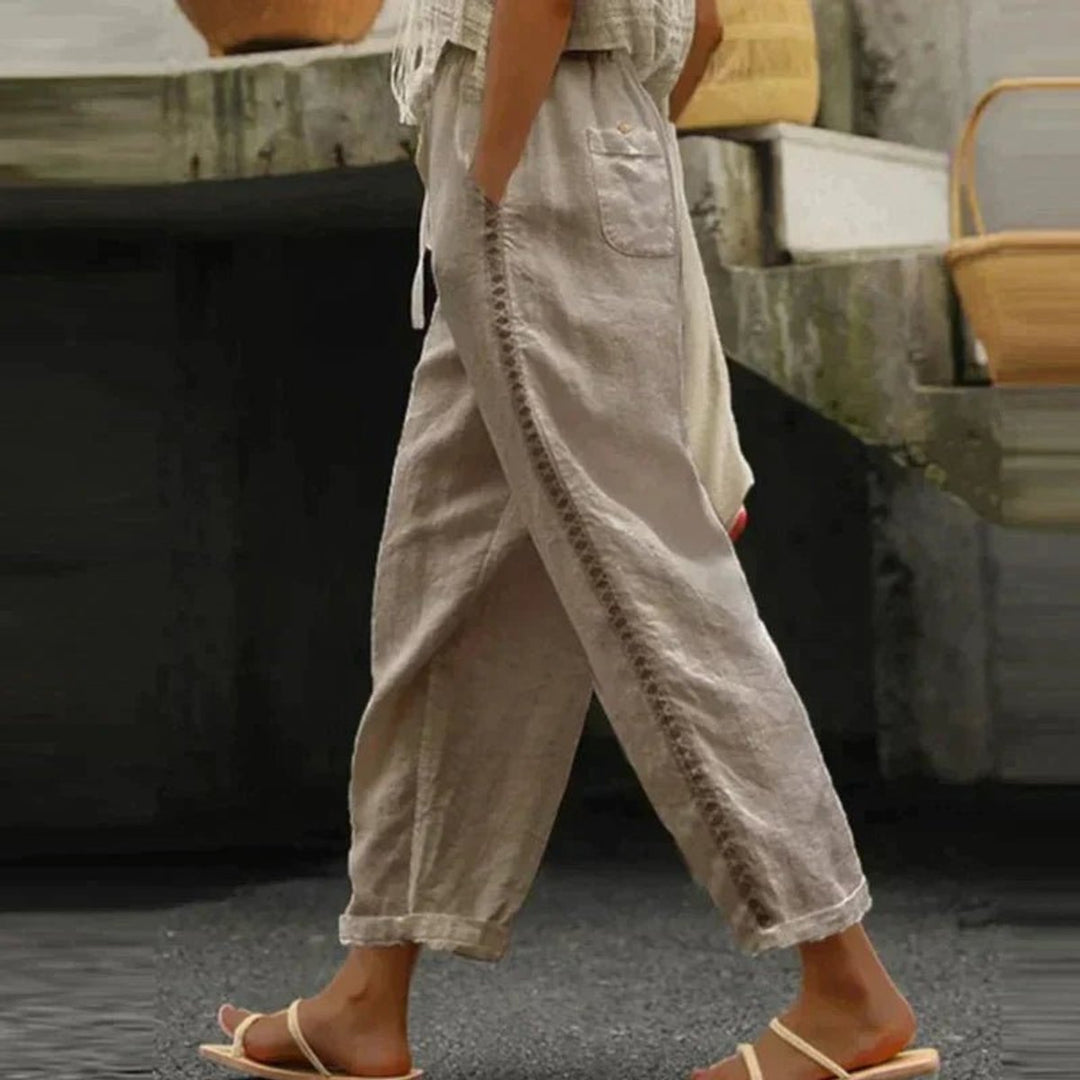 Women's High-Waist Linen-Look Side-Button Tapered Pants