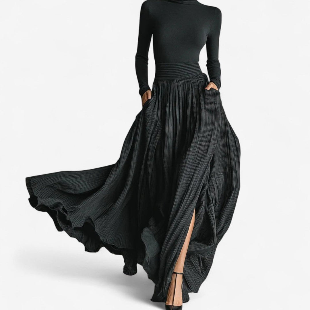 Women's High-Waist Pleated Maxi Formal Dress Skirt Side Slit