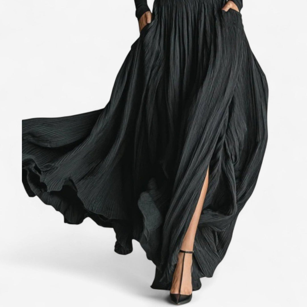 Women's High-Waist Pleated Maxi Formal Dress Skirt Side Slit