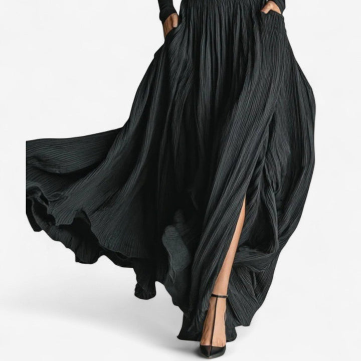 Women's High-Waist Pleated Maxi Formal Dress Skirt Side Slit