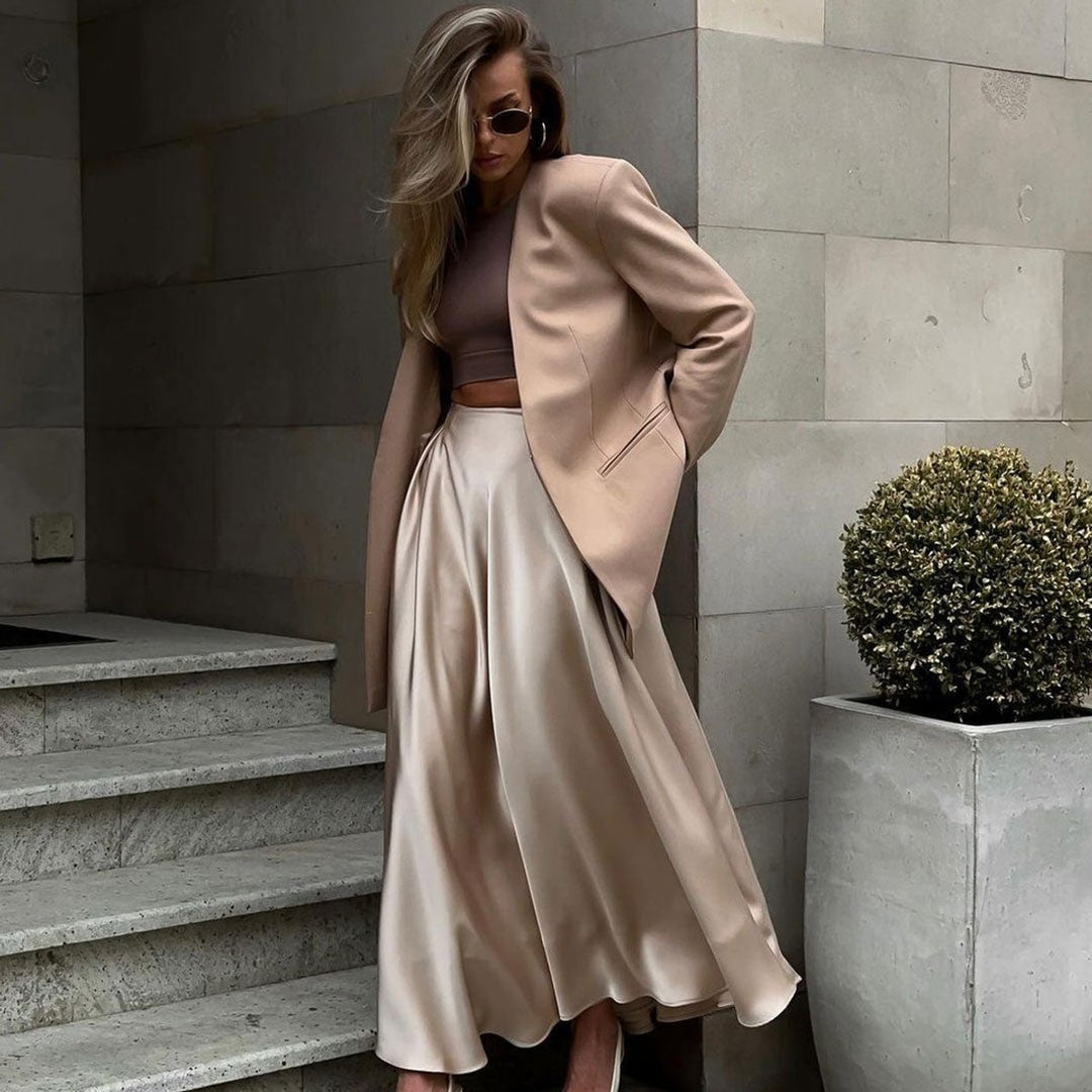 Women's High-Waist Pleated Satin A-Line Fall Midi Dress Skirt