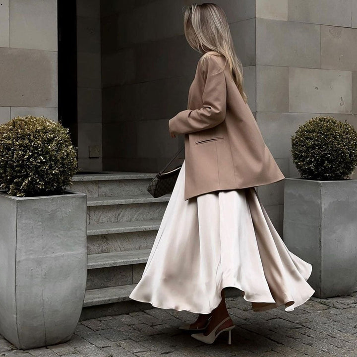 Women's High-Waist Pleated Satin A-Line Fall Midi Dress Skirt