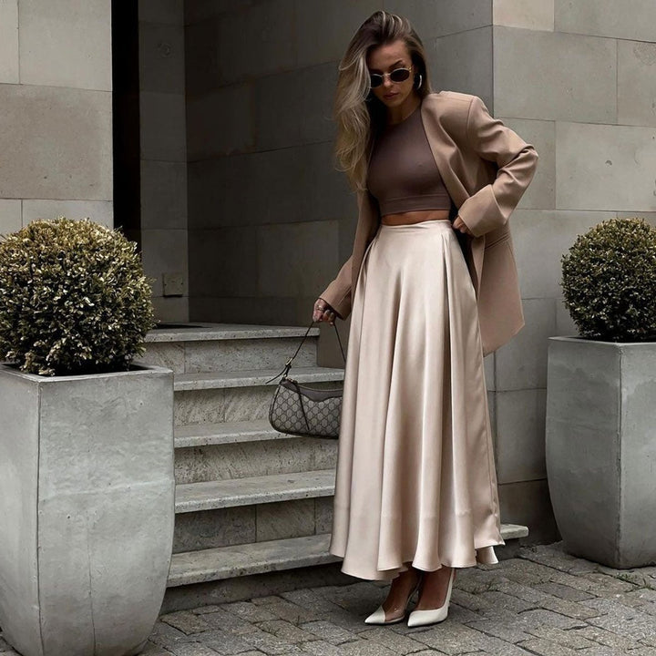 Women's High-Waist Pleated Satin A-Line Fall Midi Dress Skirt