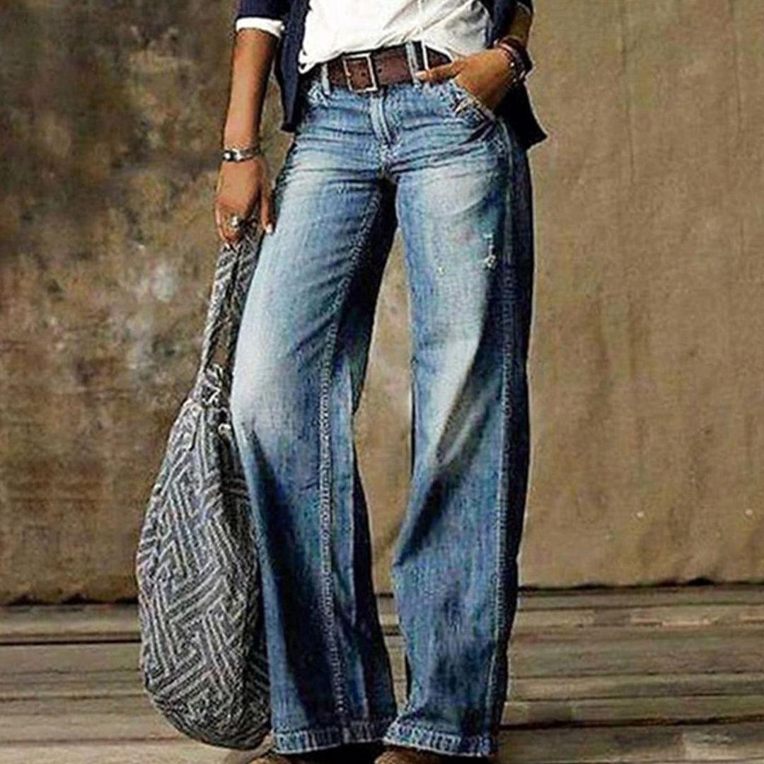 Women's High-Waist Relaxed Wide-Leg Jeans Faded Denim Flare Pants - Light Blue
