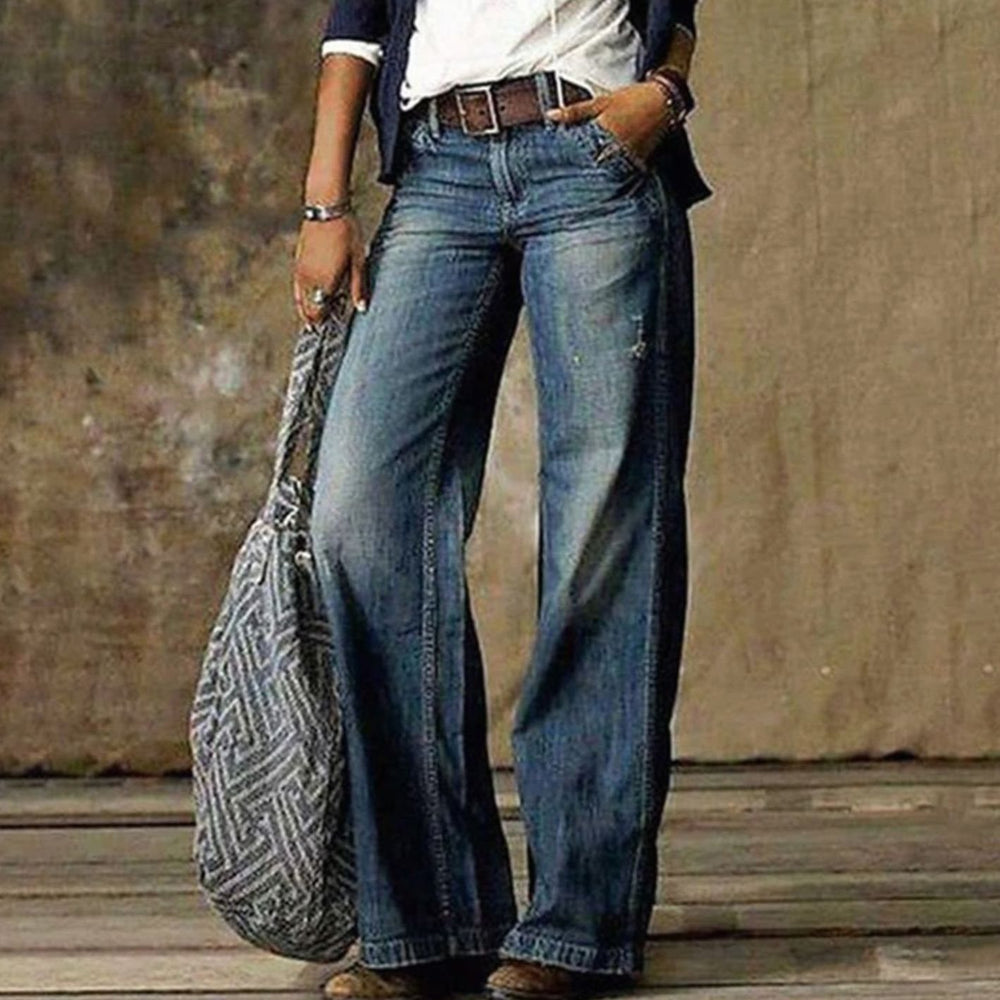 Women's High-Waist Relaxed Wide-Leg Jeans Faded Denim Flare Pants - Blue