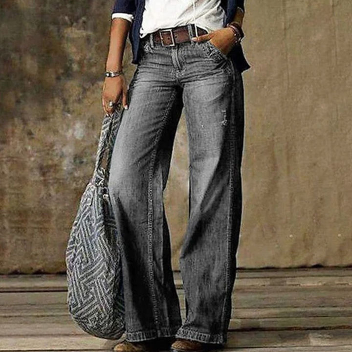 Women's High-Waist Relaxed Wide-Leg Jeans Faded Denim Flare Pants - Light Grey