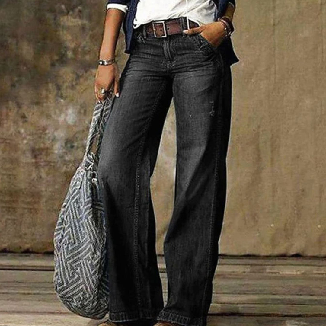 Women's High-Waist Relaxed Wide-Leg Jeans Faded Denim Flare Pants - Grey