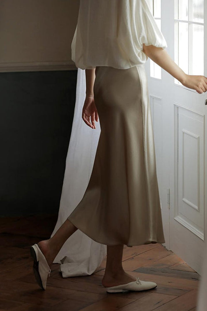 Women's High-Waist Satin Fall Midi Dress Skirt