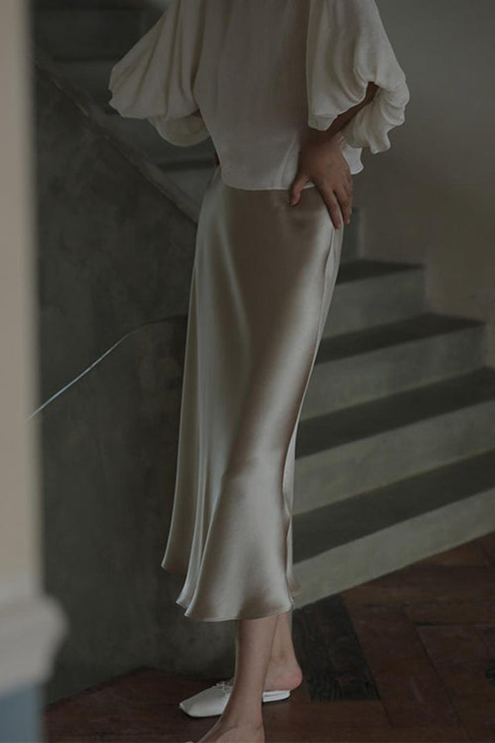 Women's High-Waist Satin Fall Midi Dress Skirt