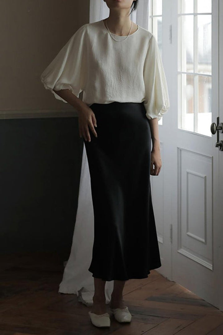 Women's High-Waist Satin Fall Midi Dress Skirt