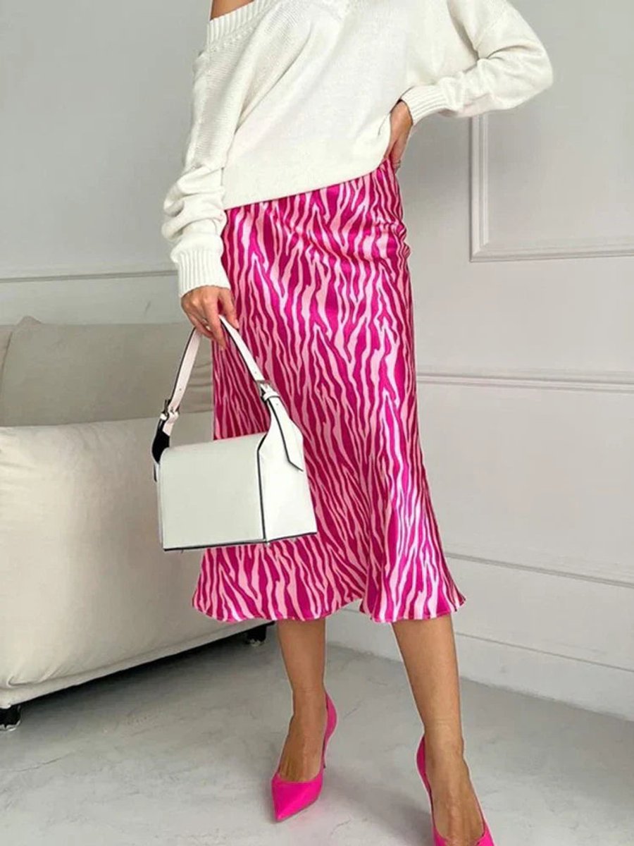 Women's High-Waist Satin Zebra Print Fall Midi Skirt