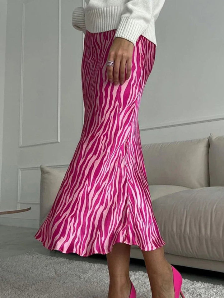 Women's High-Waist Satin Zebra Print Fall Midi Skirt