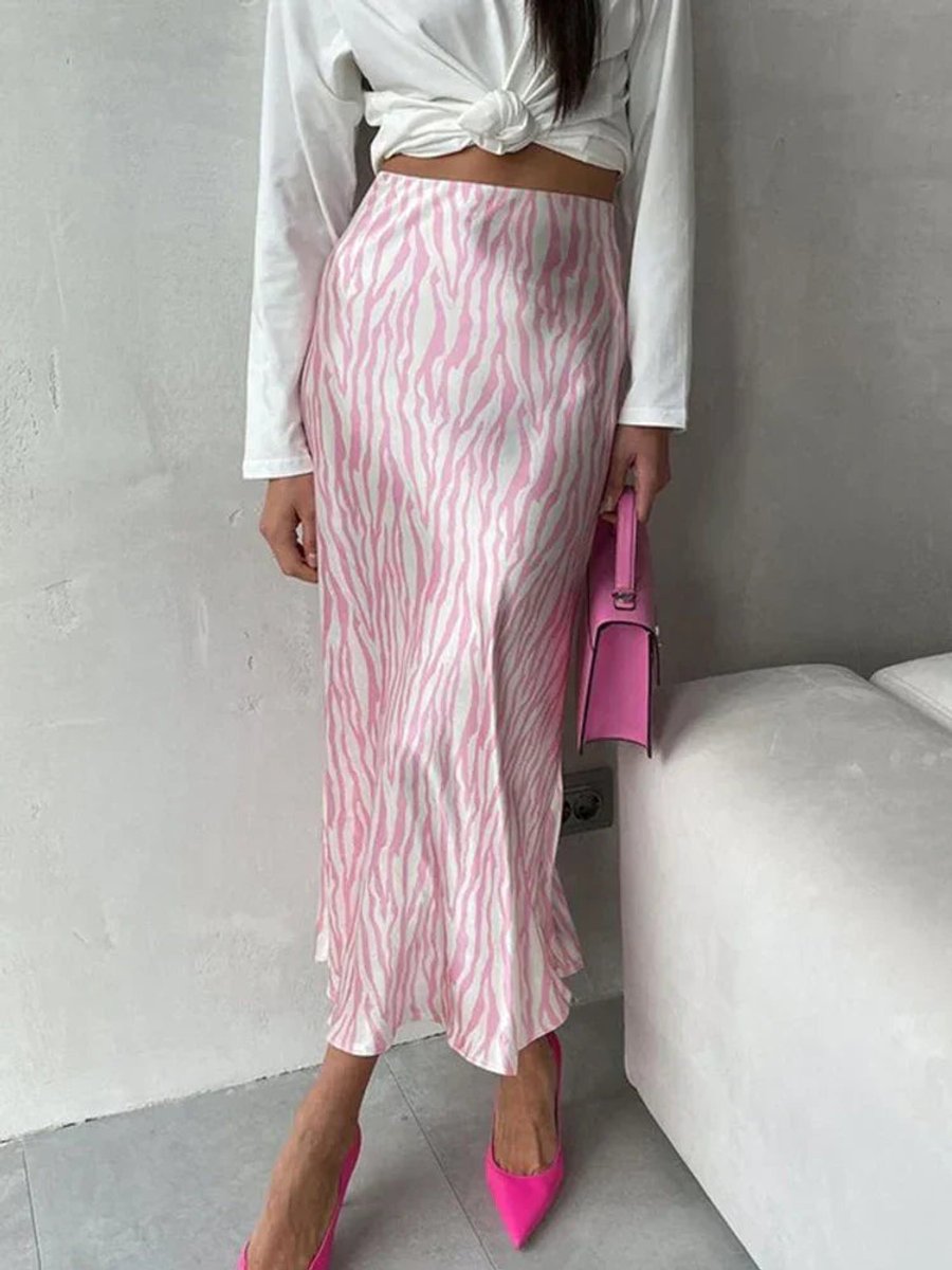 Women's High-Waist Satin Zebra Print Fall Midi Skirt