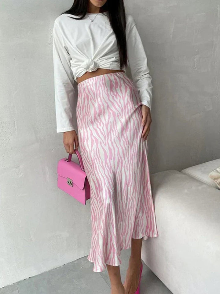Women's High-Waist Satin Zebra Print Fall Midi Skirt
