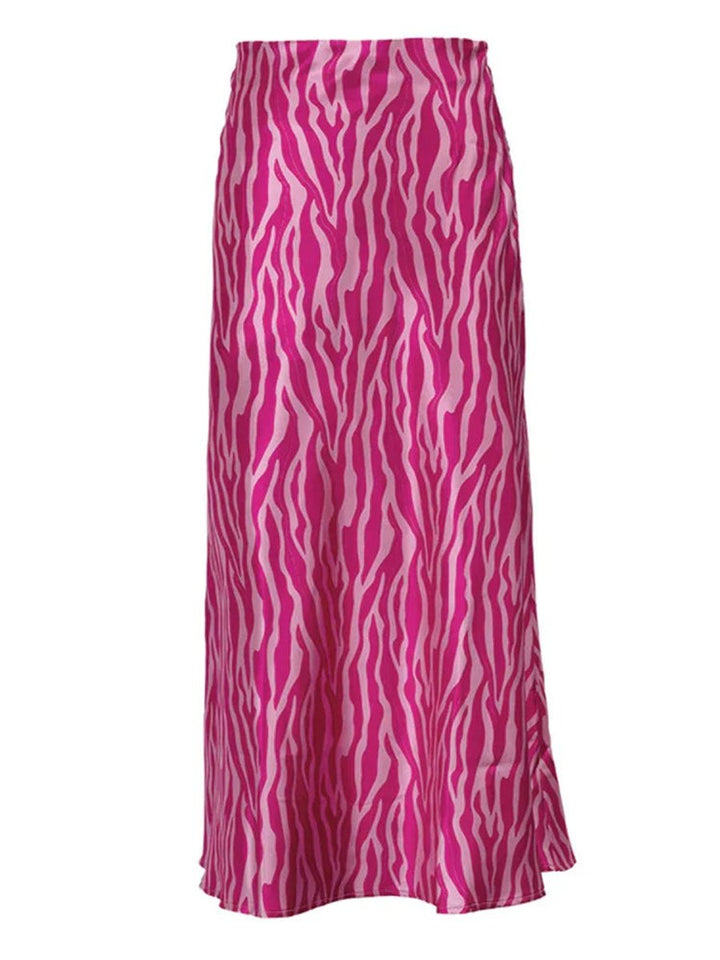 Women's High-Waist Satin Zebra Print Fall Midi Skirt