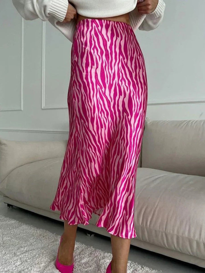 Women's High-Waist Satin Zebra Print Fall Midi Skirt