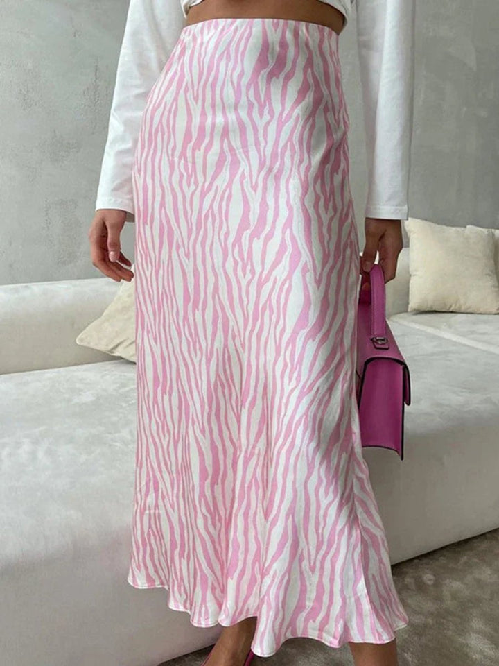 Women's High-Waist Satin Zebra Print Fall Midi Skirt