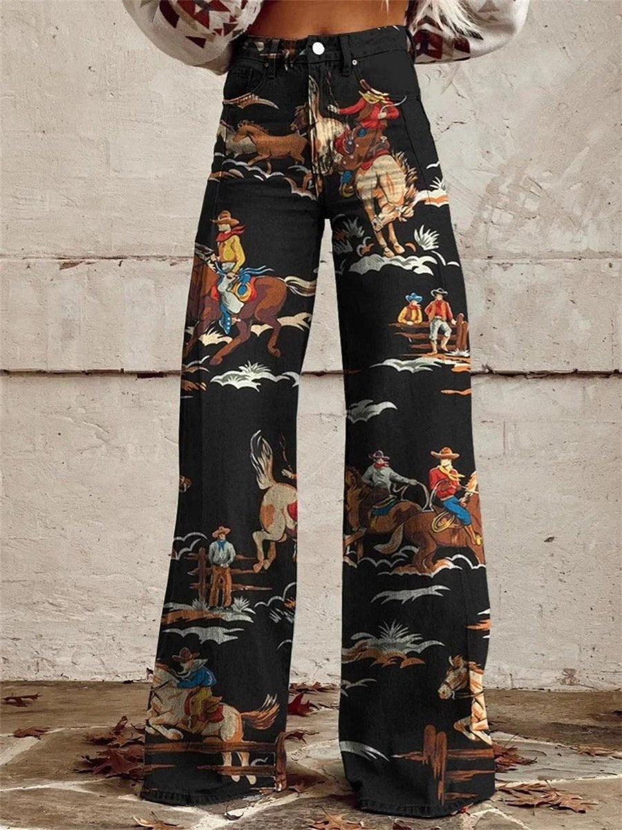 Women's High-Waist Wide-Leg Western Cowboy Print Denim Pants