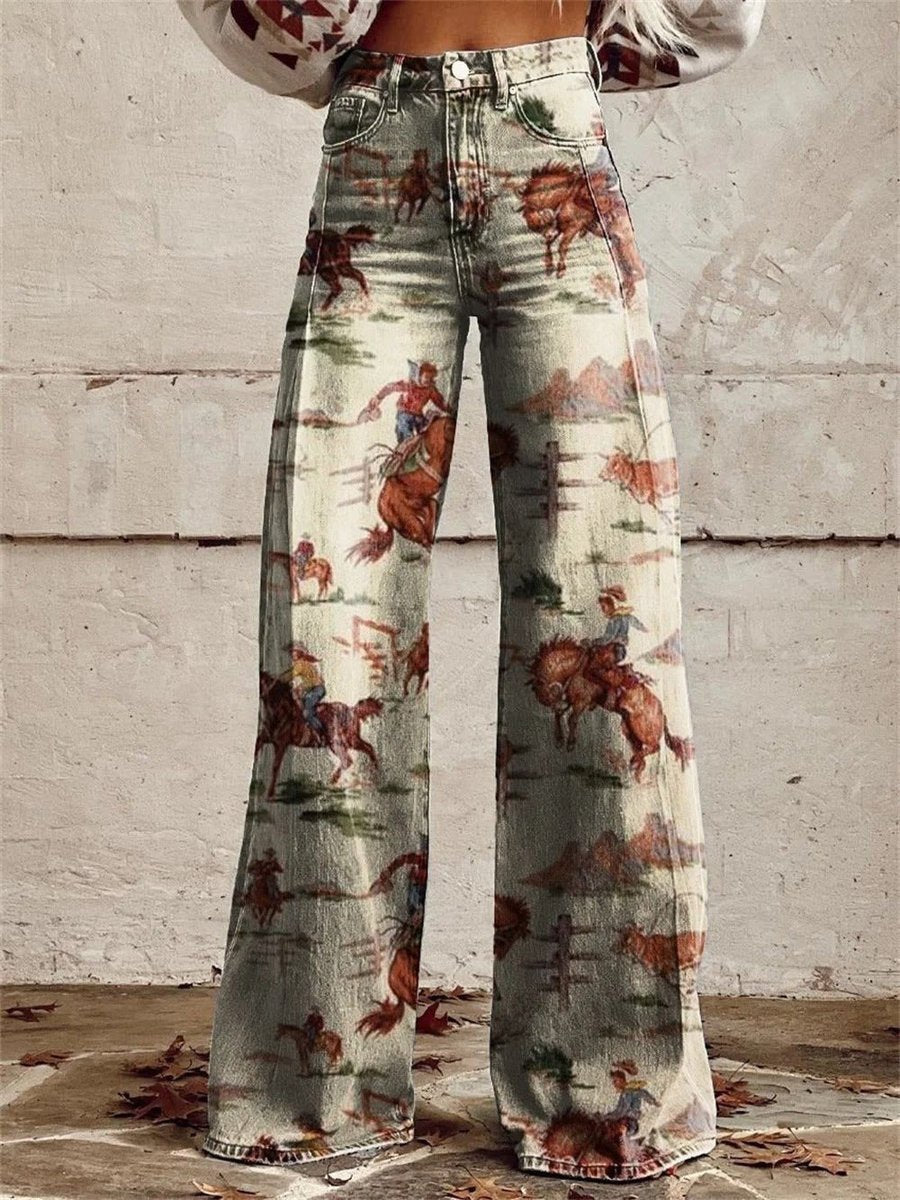 Women's High-Waist Wide-Leg Western Cowboy Print Denim Pants