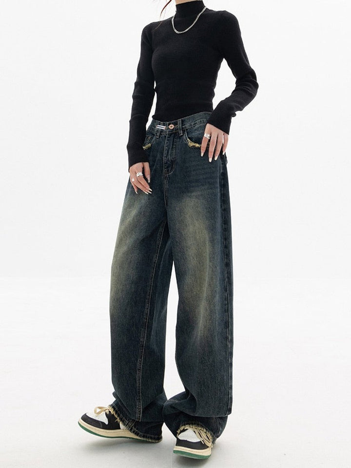 Women's High Waisted Baggy Wide-Leg Vintage Wash Denim Jeans