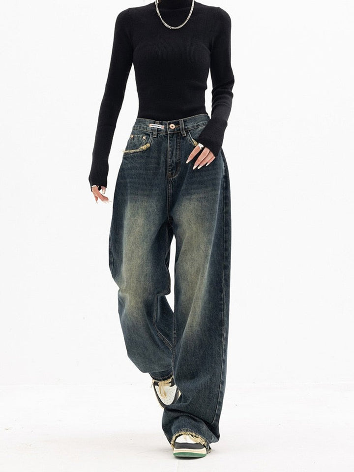 Women's High Waisted Baggy Wide-Leg Vintage Wash Denim Jeans