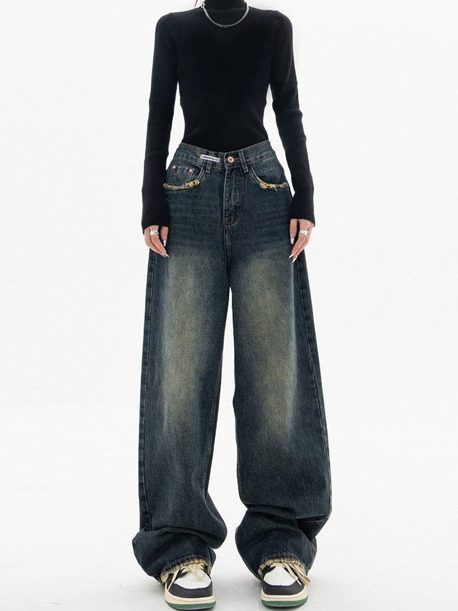 Women's High Waisted Baggy Wide-Leg Vintage Wash Denim Jeans