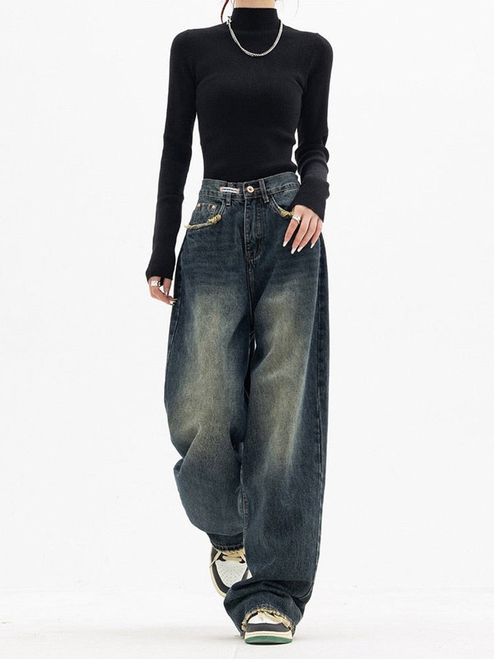 Women's High Waisted Baggy Wide-Leg Vintage Wash Denim Jeans