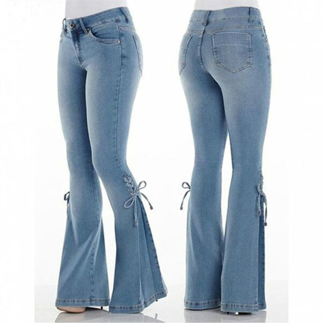 Women's High Waisted Flare Jeans Lace-Up Bell Bottom Denim Pants