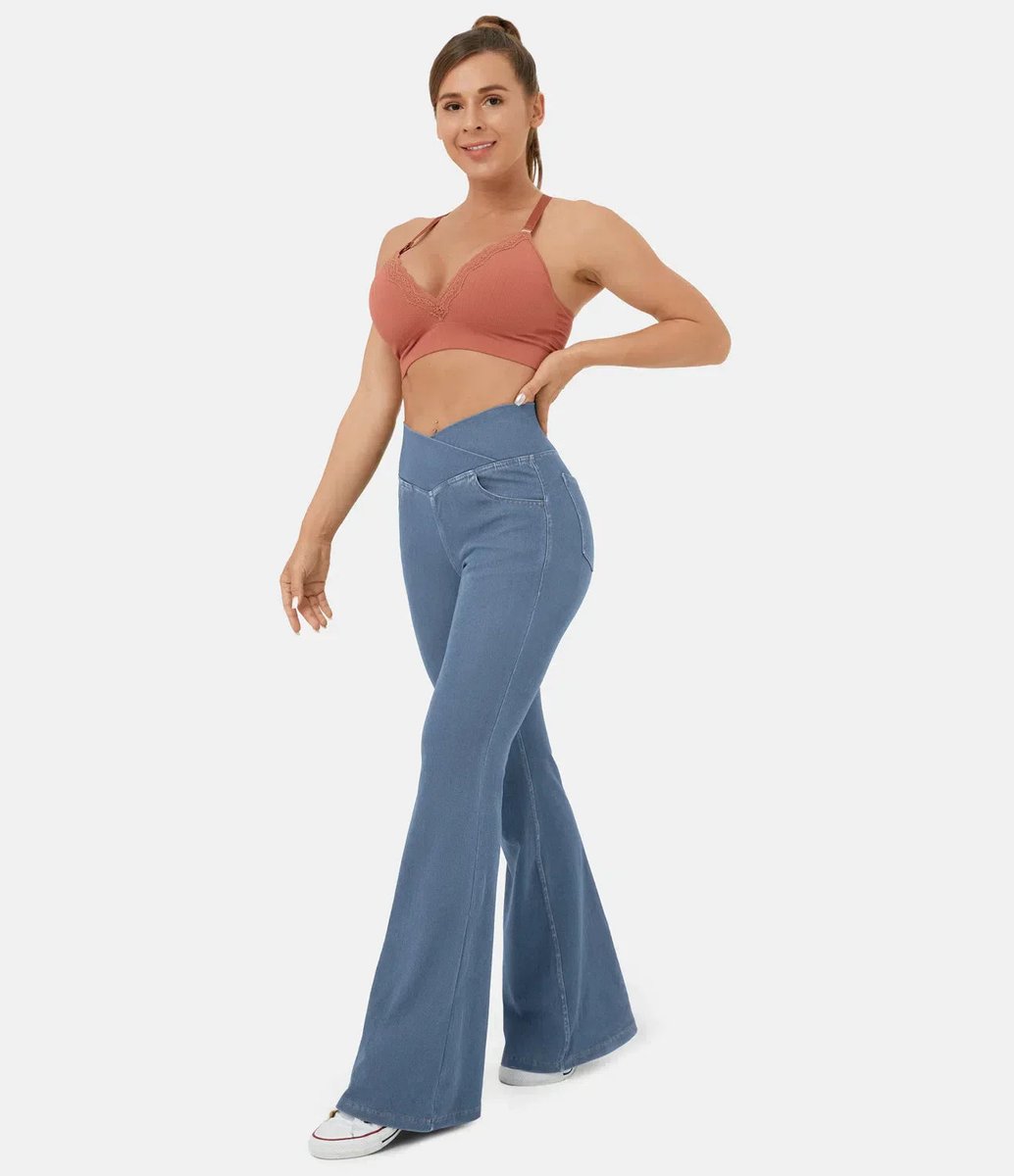 Women's High Waisted Jeans Crossover Flare Stretch Denim Pants