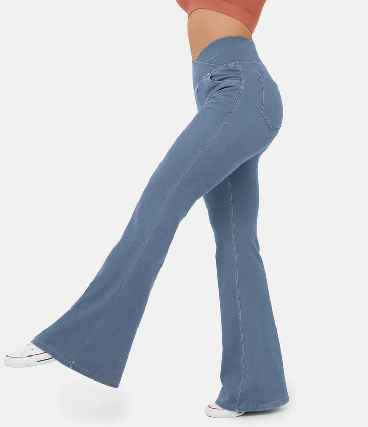 Women's High Waisted Jeans Crossover Flare Stretch Denim Pants