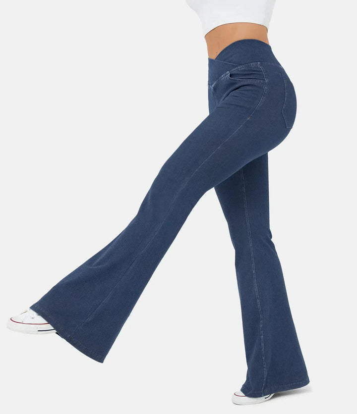 Women's High Waisted Jeans Crossover Flare Stretch Denim Pants